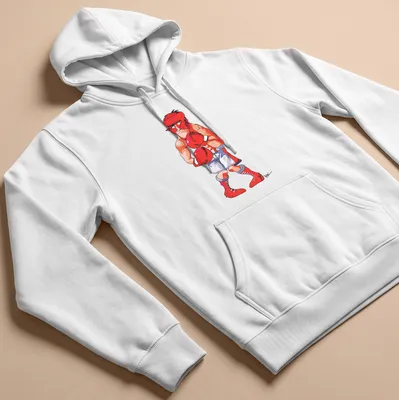 Cartoon boxing character Glass Joe with red gloves, in bright colors. — printed on a unisex hoodie