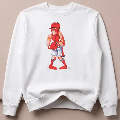 Cartoon boxing character Glass Joe with red gloves, in bright colors. — printed on a unisex sweatshirt