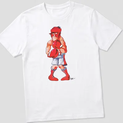 Cartoon boxing character Glass Joe with red gloves, in bright colors.
