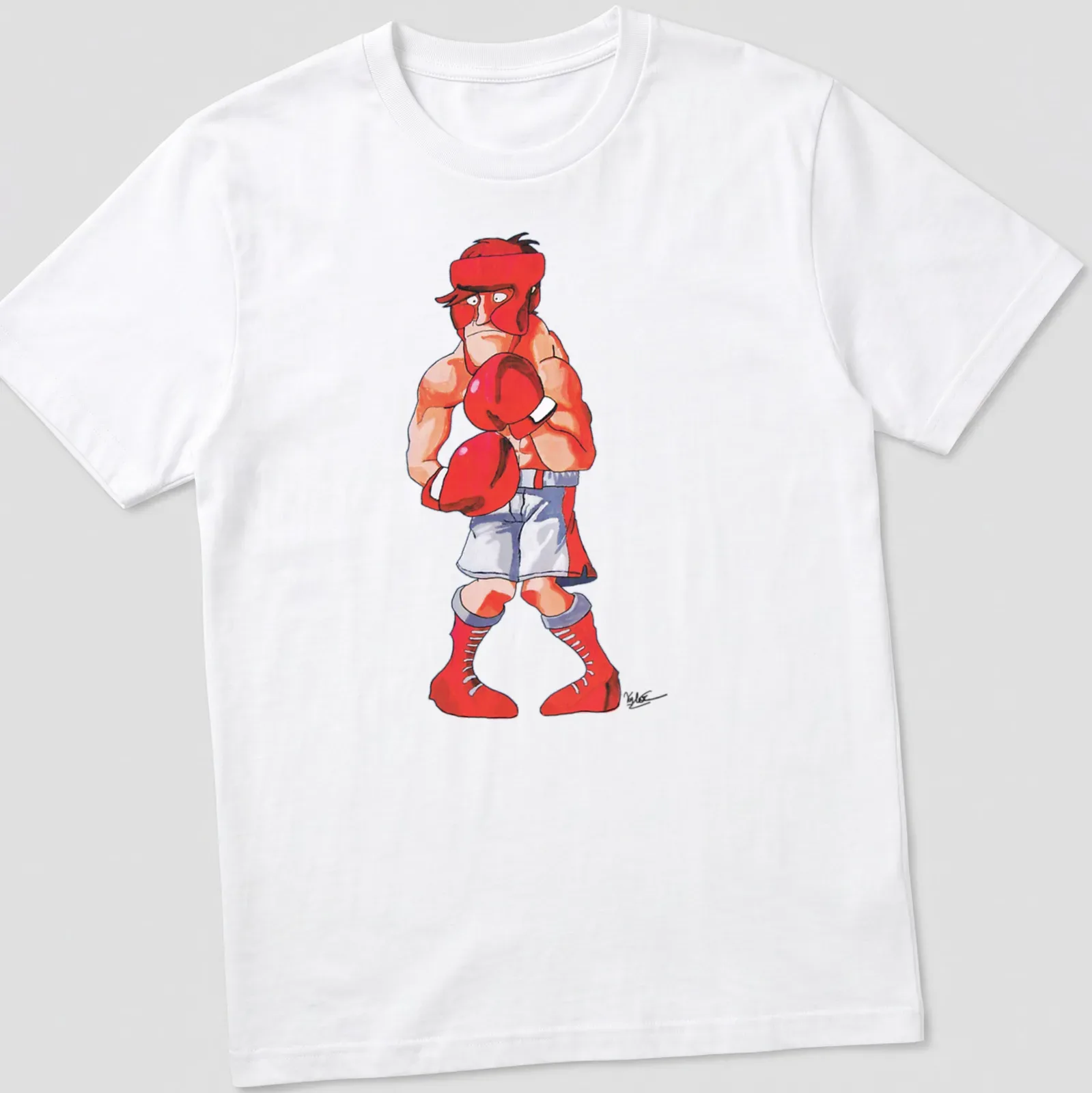 Cartoon boxing character Glass Joe with red gloves, in bright colors. — printed on a unisex t-shirt