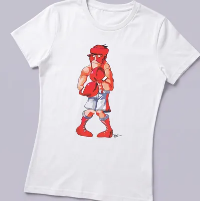 Cartoon boxing character Glass Joe with red gloves, in bright colors. — printed on a women's shirt