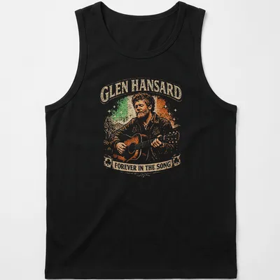 Vintage distressed Glen Hansard T-shirt featuring a guitarist illustration and printed text. — printed on a tank top