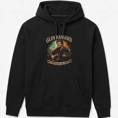 Vintage distressed Glen Hansard T-shirt featuring a guitarist illustration and printed text. — printed on a unisex hoodie