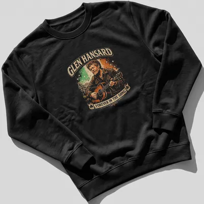 Vintage distressed Glen Hansard T-shirt featuring a guitarist illustration and printed text. — printed on a unisex sweatshirt