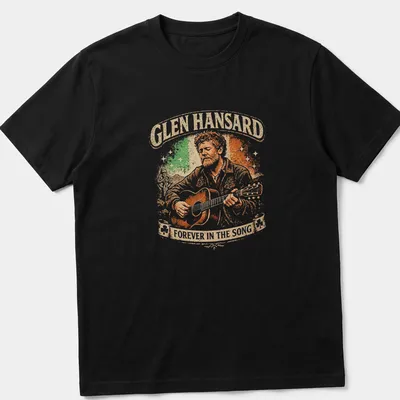 Vintage distressed Glen Hansard T-shirt featuring a guitarist illustration and printed text.
