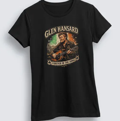 Vintage distressed Glen Hansard T-shirt featuring a guitarist illustration and printed text. — printed on a women's shirt