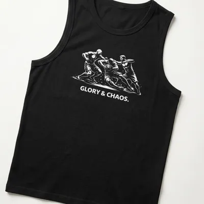 Silhouette of Calcio Storico players with bold text 'GLORY & CHAOS.' in black and white. — printed on a tank top