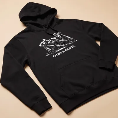 Silhouette of Calcio Storico players with bold text 'GLORY & CHAOS.' in black and white. — printed on a unisex hoodie