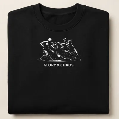 Silhouette of Calcio Storico players with bold text 'GLORY & CHAOS.' in black and white. — printed on a unisex sweatshirt