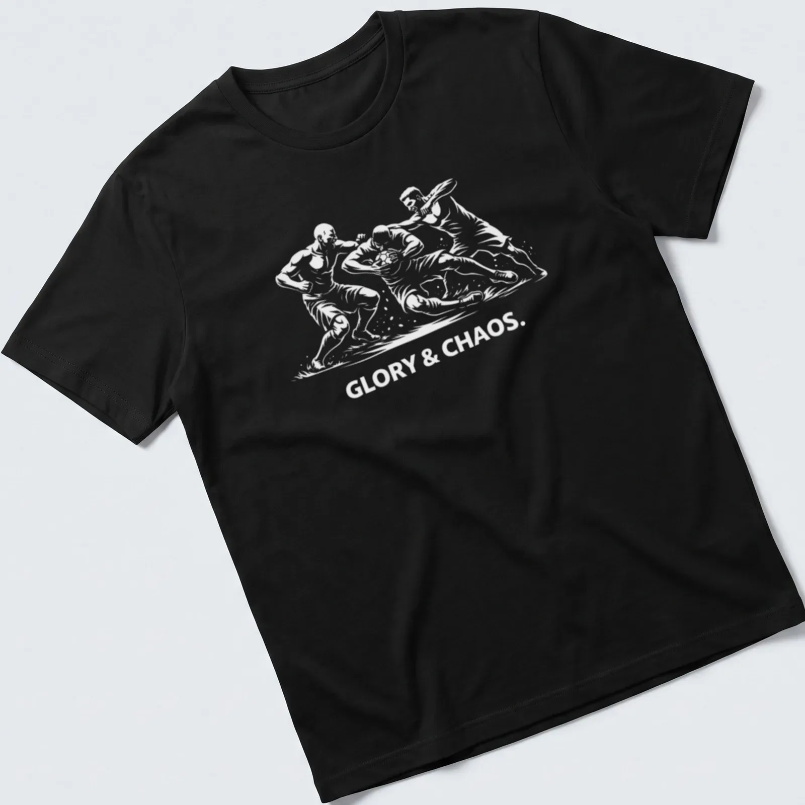 Silhouette of Calcio Storico players with bold text 'GLORY & CHAOS.' in black and white. — printed on a unisex t-shirt