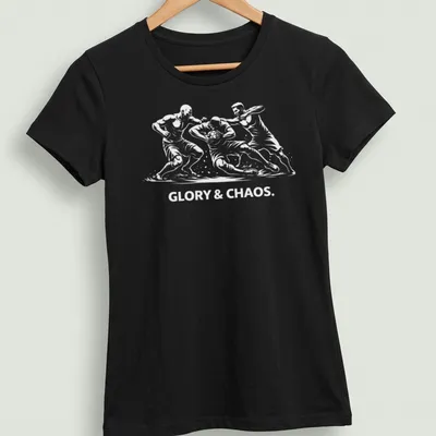 Silhouette of Calcio Storico players with bold text 'GLORY & CHAOS.' in black and white. — printed on a women's shirt
