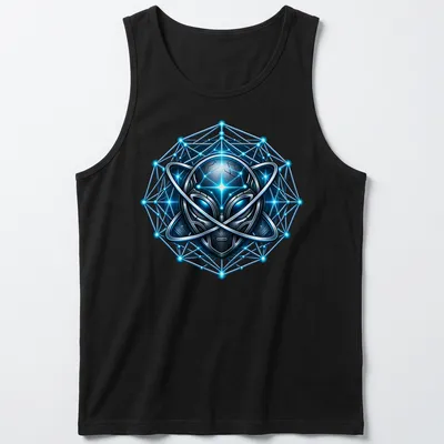 Futuristic geometric print featuring a glowing alien in blue, black, and silver — printed on a tank top
