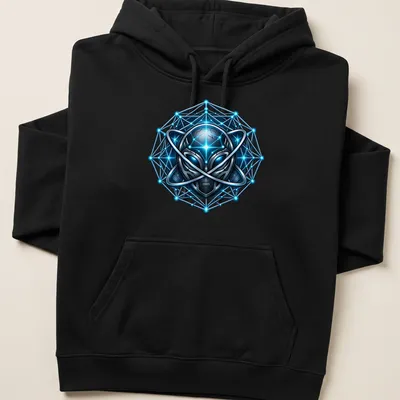 Futuristic geometric print featuring a glowing alien in blue, black, and silver — printed on a unisex hoodie