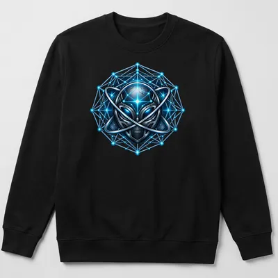 Futuristic geometric print featuring a glowing alien in blue, black, and silver — printed on a unisex sweatshirt