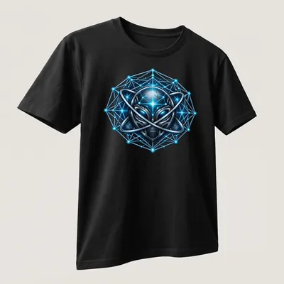 Futuristic geometric print featuring a glowing alien in blue, black, and silver — printed on a unisex t-shirt (angled view)