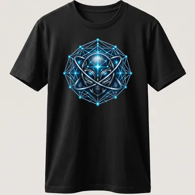Futuristic geometric print featuring a glowing alien in blue, black, and silver
