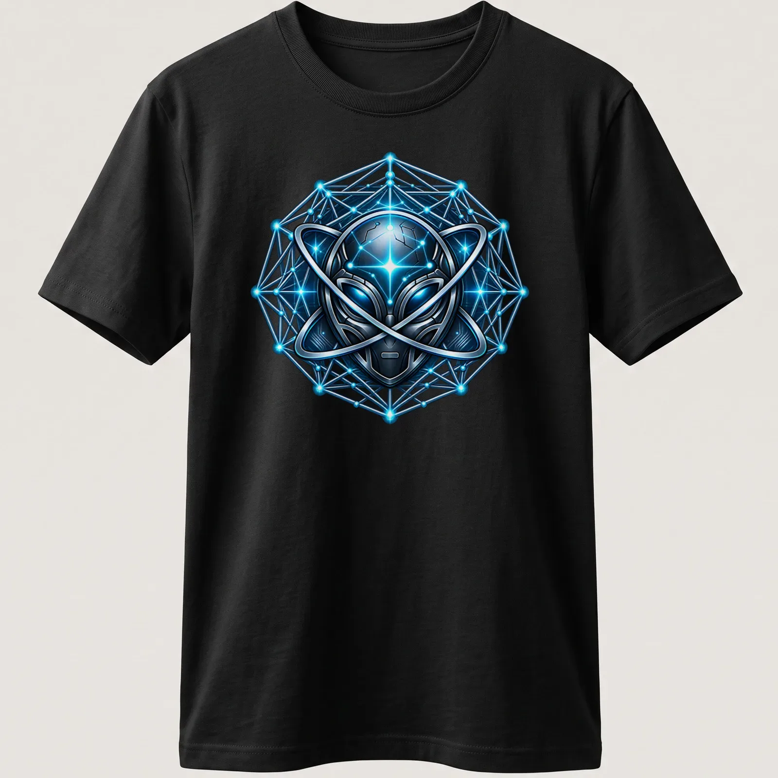 Futuristic geometric print featuring a glowing alien in blue, black, and silver — printed on a unisex t-shirt