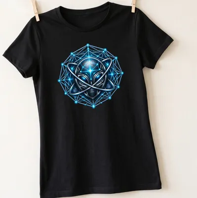 Futuristic geometric print featuring a glowing alien in blue, black, and silver — printed on a women's shirt