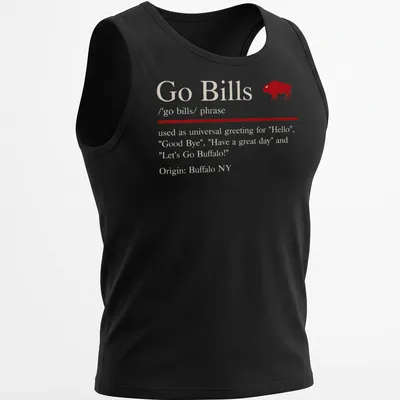 Text-based Go Bills T-shirt featuring a universal greeting in red and white. — printed on a tank top