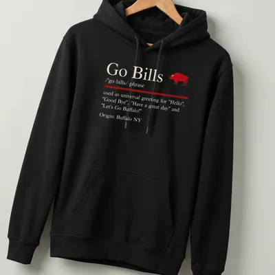 Text-based Go Bills T-shirt featuring a universal greeting in red and white. — printed on a unisex hoodie