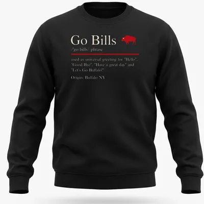 Text-based Go Bills T-shirt featuring a universal greeting in red and white. — printed on a unisex sweatshirt
