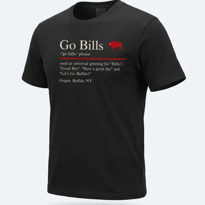 Text-based Go Bills T-shirt featuring a universal greeting in red and white.