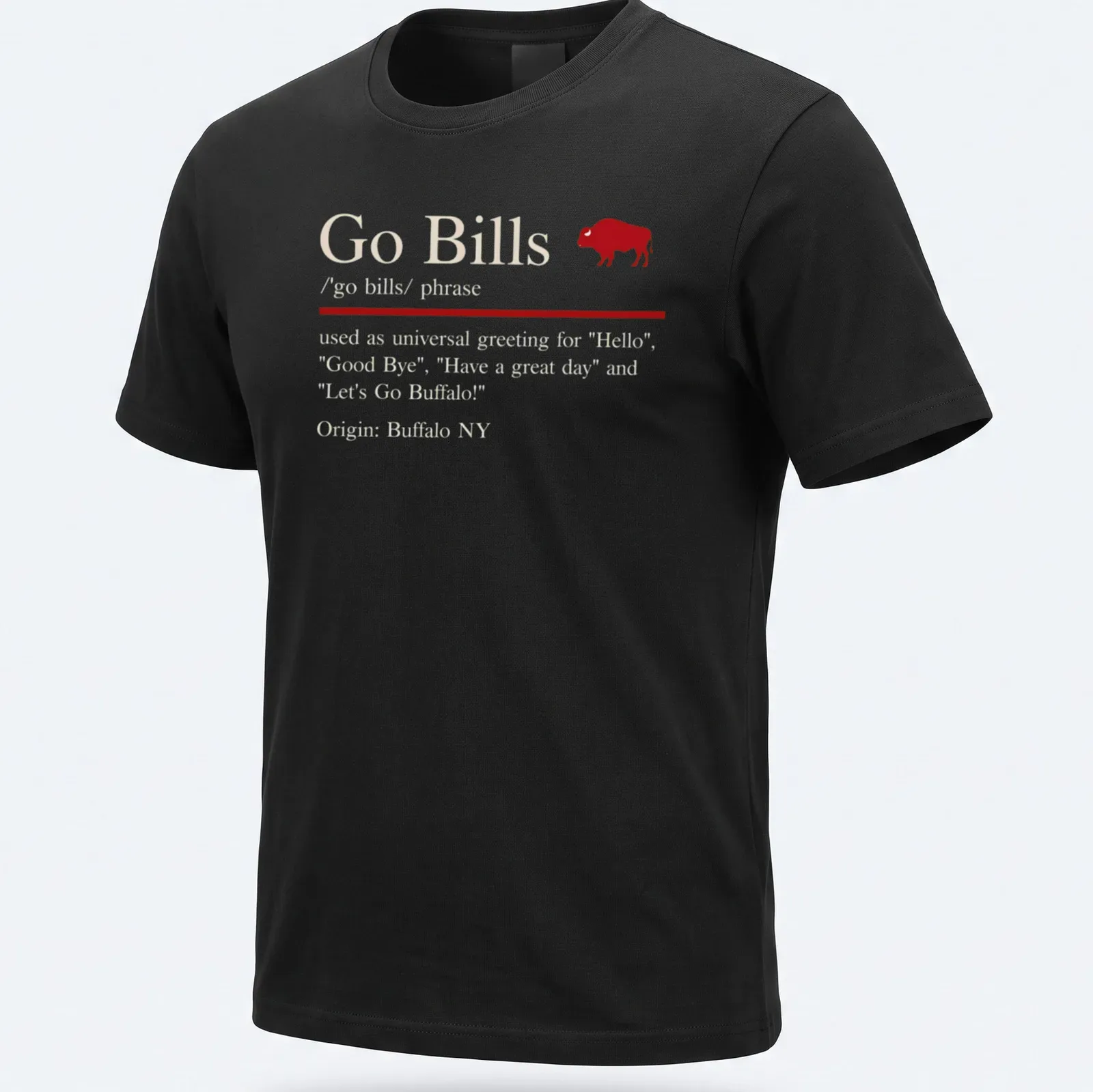 Text-based Go Bills T-shirt featuring a universal greeting in red and white. — printed on a unisex t-shirt