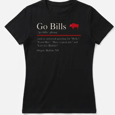 Text-based Go Bills T-shirt featuring a universal greeting in red and white. — printed on a women's shirt