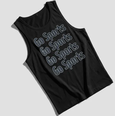 Typography design with repeated 'Go Sports' text in diverse fonts — printed on a tank top