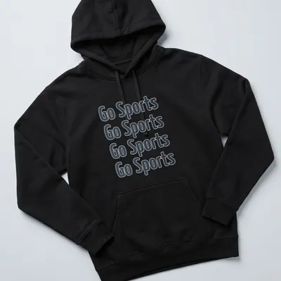 Typography design with repeated 'Go Sports' text in diverse fonts — printed on a unisex hoodie