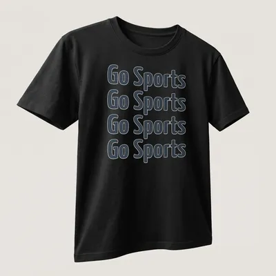 Typography design with repeated 'Go Sports' text in diverse fonts — printed on a unisex t-shirt (angled view)