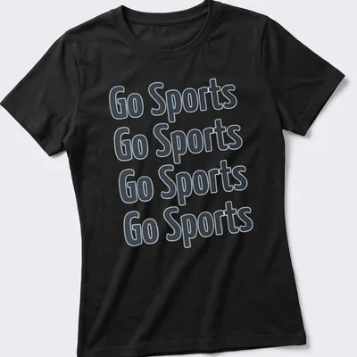 Typography design with repeated 'Go Sports' text in diverse fonts — printed on a women's shirt