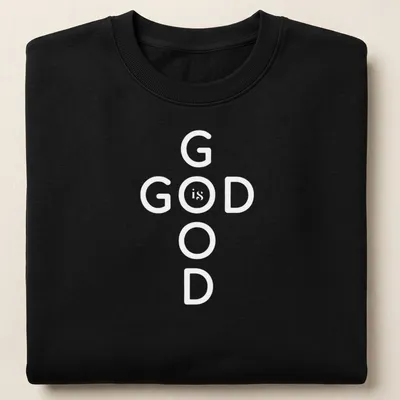 Bold typography T-shirt displaying 'God Is Good' Christian message in black and white — printed on a unisex sweatshirt