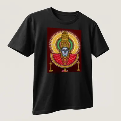 Digital drawing of Hindu goddess Renuka in vibrant colors — printed on a unisex t-shirt (angled view)
