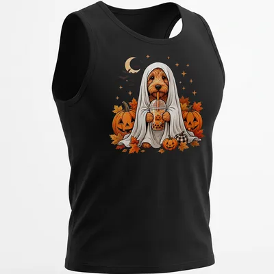 Cartoon design of a Goldendoodle ghost next to a boba tea cup for Halloween — printed on a tank top