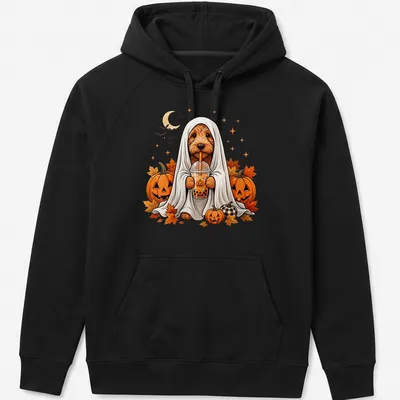 Cartoon design of a Goldendoodle ghost next to a boba tea cup for Halloween — printed on a unisex hoodie