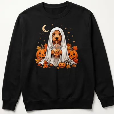Cartoon design of a Goldendoodle ghost next to a boba tea cup for Halloween — printed on a unisex sweatshirt