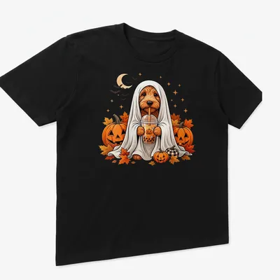 Cartoon design of a Goldendoodle ghost next to a boba tea cup for Halloween — printed on a unisex t-shirt (angled view)