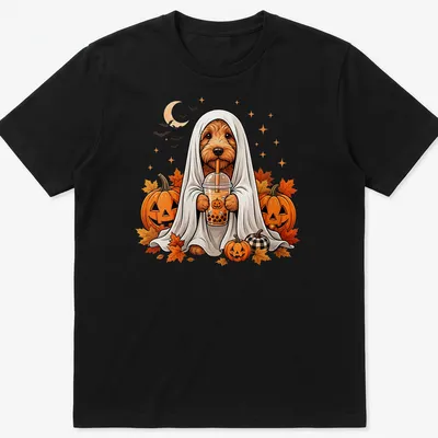 Cartoon design of a Goldendoodle ghost next to a boba tea cup for Halloween