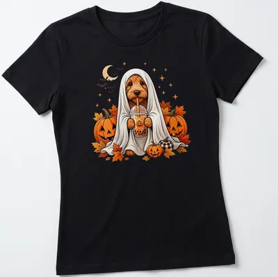 Cartoon design of a Goldendoodle ghost next to a boba tea cup for Halloween — printed on a women's shirt