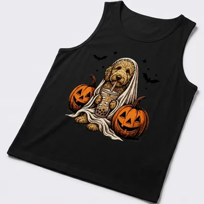 Vintage illustration of a Goldendoodle ghost holding boba tea in orange and brown — printed on a tank top