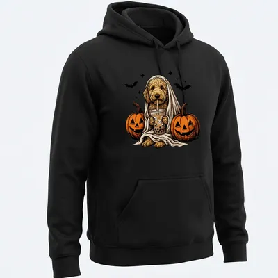 Vintage illustration of a Goldendoodle ghost holding boba tea in orange and brown — printed on a unisex hoodie