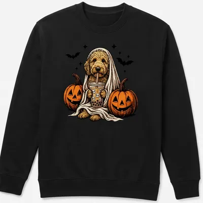 Vintage illustration of a Goldendoodle ghost holding boba tea in orange and brown — printed on a unisex sweatshirt