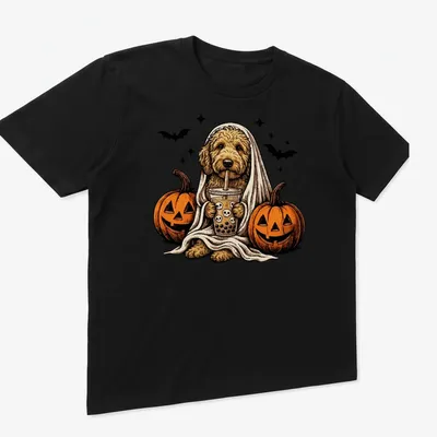 Vintage illustration of a Goldendoodle ghost holding boba tea in orange and brown — printed on a unisex t-shirt (angled view)