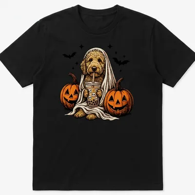 Vintage illustration of a Goldendoodle ghost holding boba tea in orange and brown