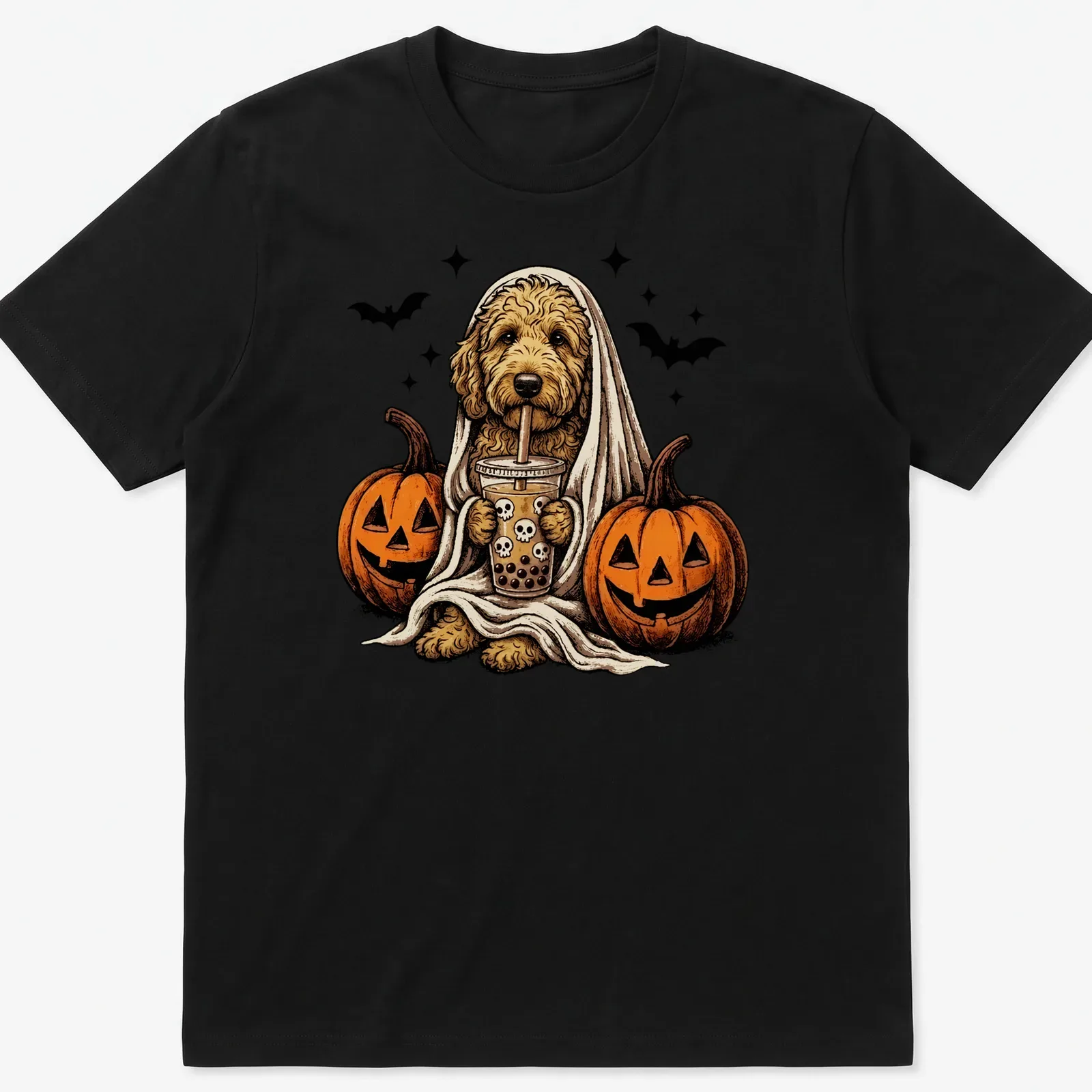 Vintage illustration of a Goldendoodle ghost holding boba tea in orange and brown — printed on a unisex t-shirt