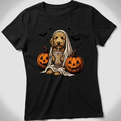 Vintage illustration of a Goldendoodle ghost holding boba tea in orange and brown — printed on a women's shirt