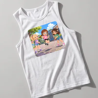 Kawaii design of three cartoon girls joyfully skipping rope with colorful text. — printed on a tank top