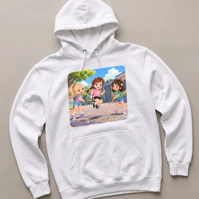 Kawaii design of three cartoon girls joyfully skipping rope with colorful text. — printed on a unisex hoodie