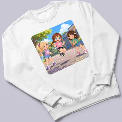 Kawaii design of three cartoon girls joyfully skipping rope with colorful text. — printed on a unisex sweatshirt